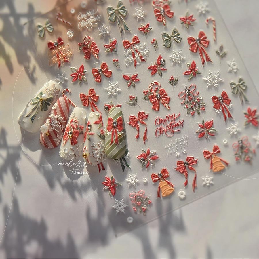 Cute Animals Bear Dog Cake Sweet Cherry Grid Bowknot Star Line Fruit Relief Self Adhesive Nail Art Stickers 5D Manicure Decals