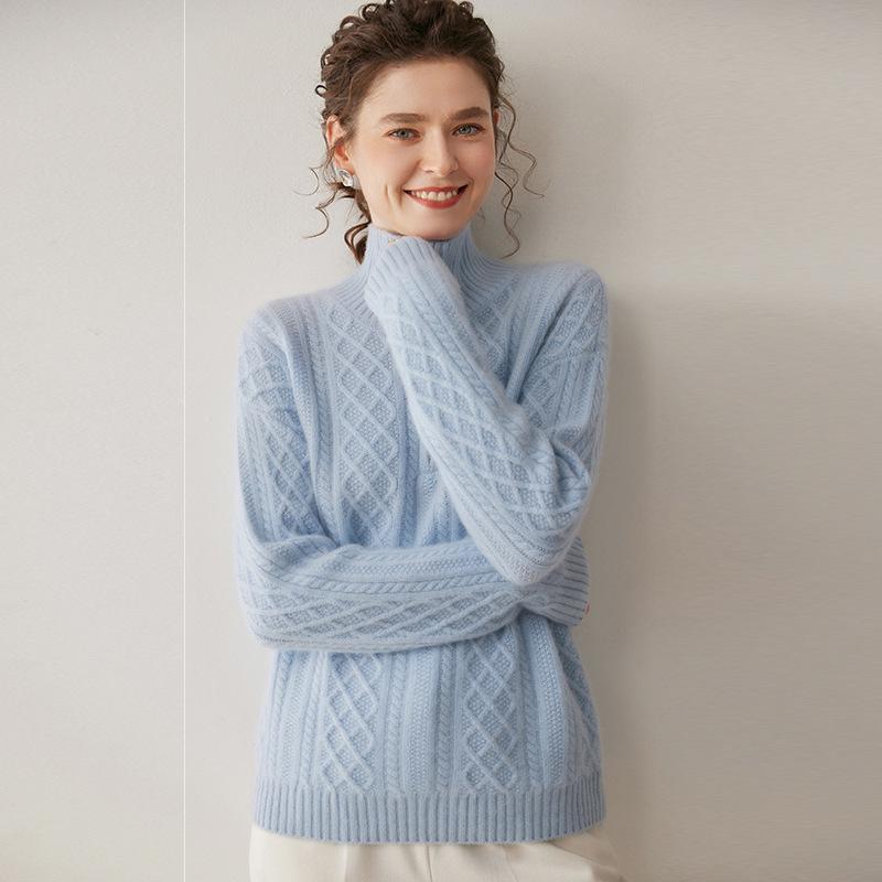 Women's High Neck Zipper Cashmere Sweater: Thick Cable Knit, Loose Fit, Slimming Base Layer for Autumn/Winter
