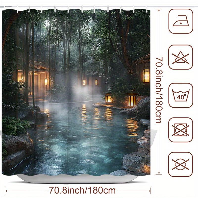 Japanese Hot Spring Shower Curtain Bamboo Forest Misty Pool Print Polyester Bath Curtain with 12 Hooks for Spa Decor