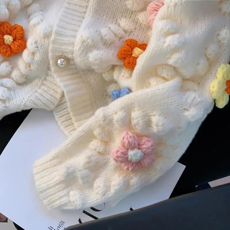 Kawaii Sweater 3D Flower Embroidery Knitted Cardigan Women Long Sleeves Single Braested Contrast Color Sweater Autumn