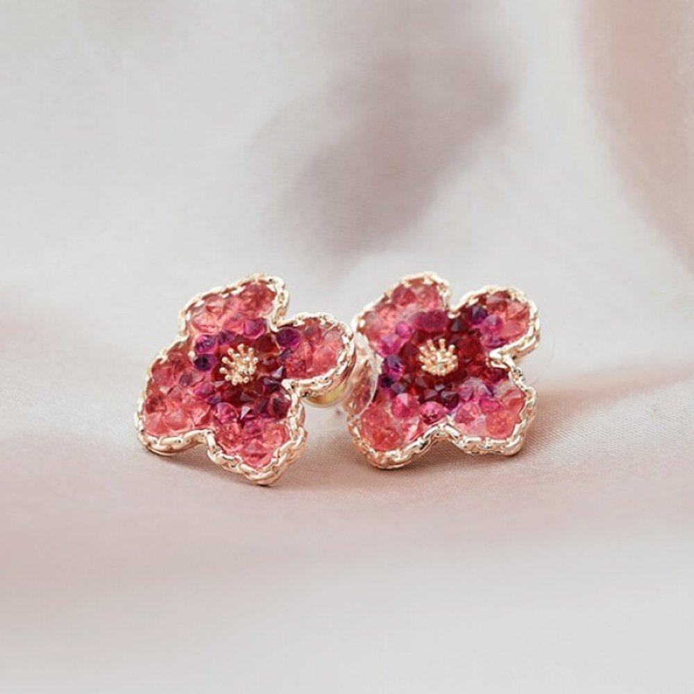 Pinkviolla / Sakura Ruby Flower Rose Gold Silver Needle Women's Fashion Earrings