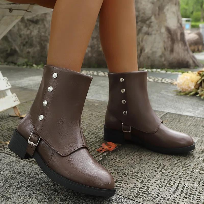 

Autumn Winter New British Style Women s Short Boots PU Leather Rivet Pull on Botines Mujer Buckle Strap Mid Heel Bottes Femmes 36