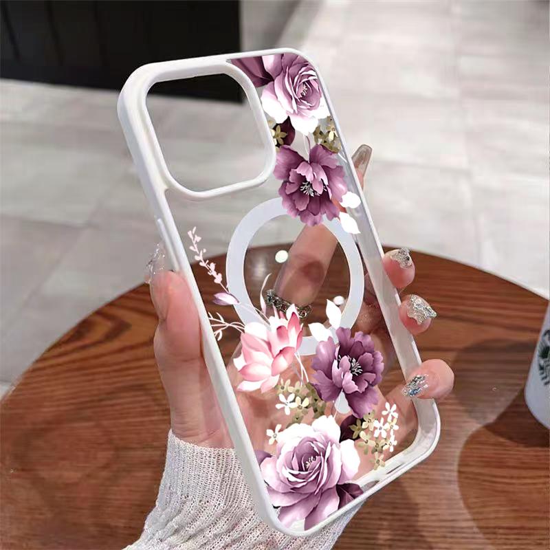 Imprimeu Floral Roz Lavandă pentru Carcasă de Telefon cu Încărcare Wireless pentru iPhone 17 16 15 14 12 13 Pro Max Plus Air 16E 11 Husă Magnetică
