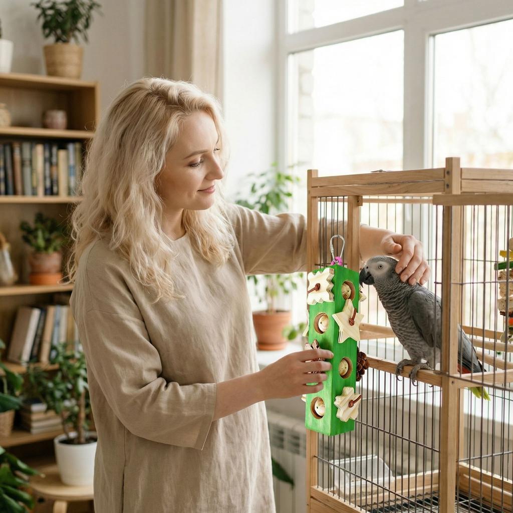 Jucărie de mestecat pentru papagali din lemn, Mărgele con de pin, Bloc suspendat, Jucărie pentru păsări pentru papagali medii și mari, Material natural, Accesoriu de îmbogățire prin mestecat pentru animale de companie