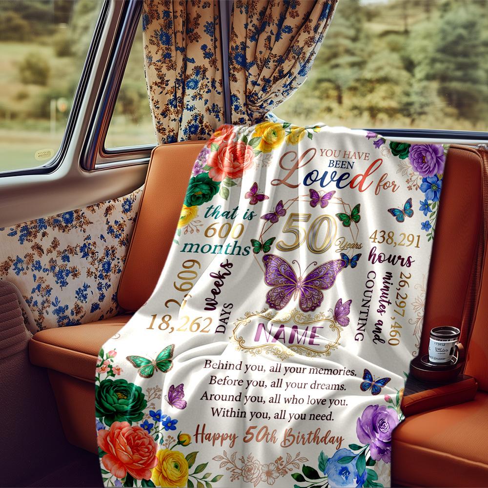 Happy 50Th Birthday Customizable Blanket Customize Your Name Soft Cozy Throw For Picnics Outdoor Travel And Camping Sofa Office Allseason Use Travel