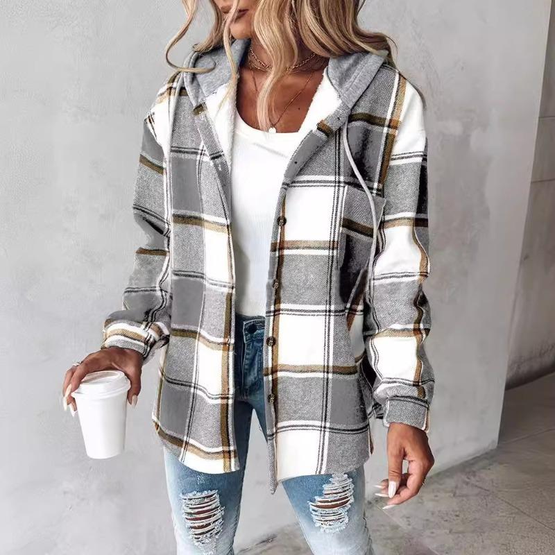 TIFICY Women's Fashion Casual Plaid Print Autumn Winter Long Sleeve Hooded Jackets & Coats