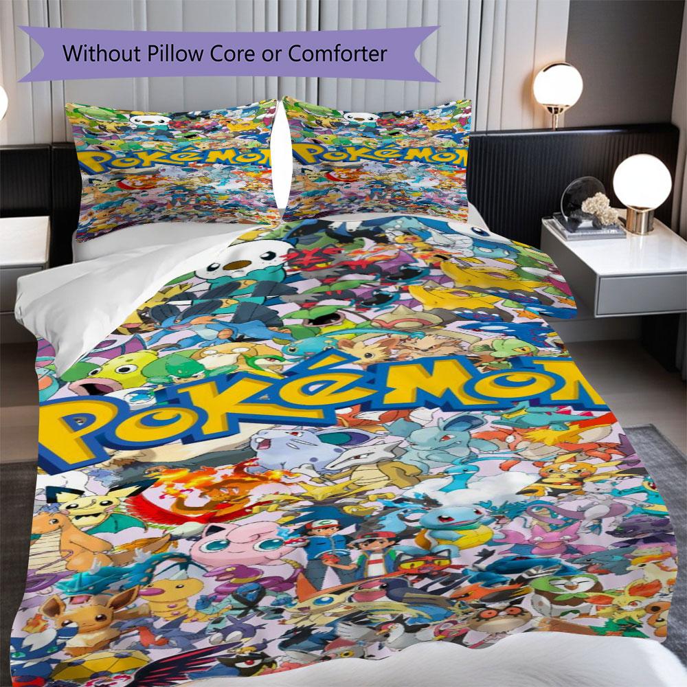 Set di biancheria da letto con stampa Pokémon da 3 pezzi include una copripiumino e una coppia di federe (riempimento non incluso), perfetto per l'uso in camera da letto.
