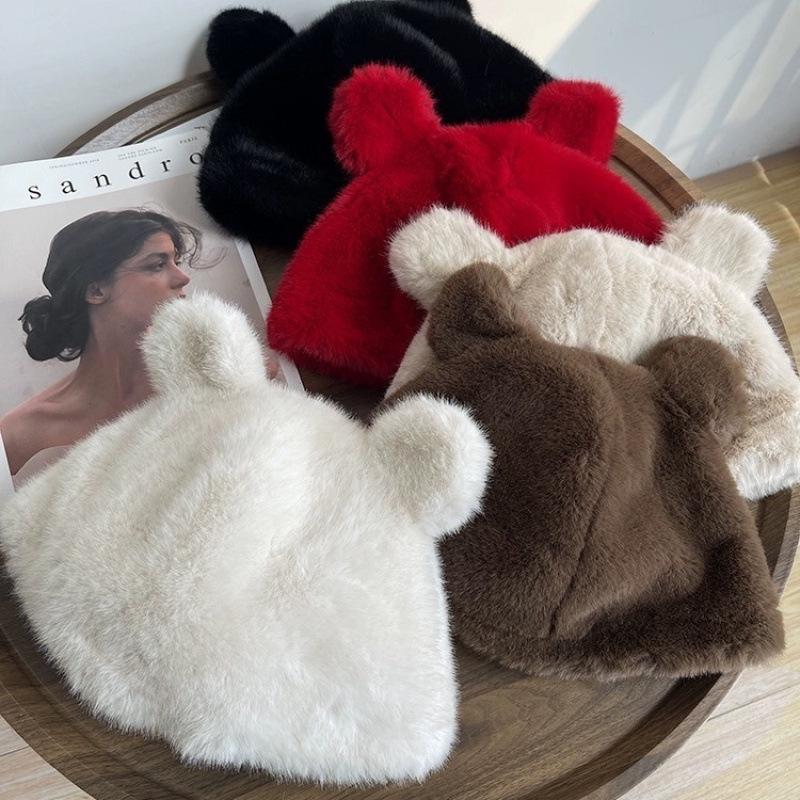 New Bear Plush Hat Female Cute Wool Warm Fluffy Big Head Circumference Knitted Cold Hat Autumn and Winter