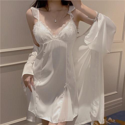 Summer pure court style ice silk suspender nightdress women's summer with chest pad sexy lace pajamas loungewear summer
