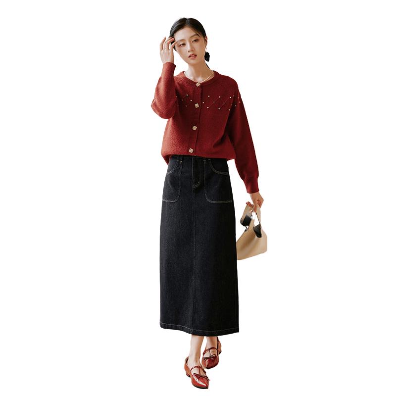 Xiangying Women s Indigo Raw Denim A-Line Midi Skirt M