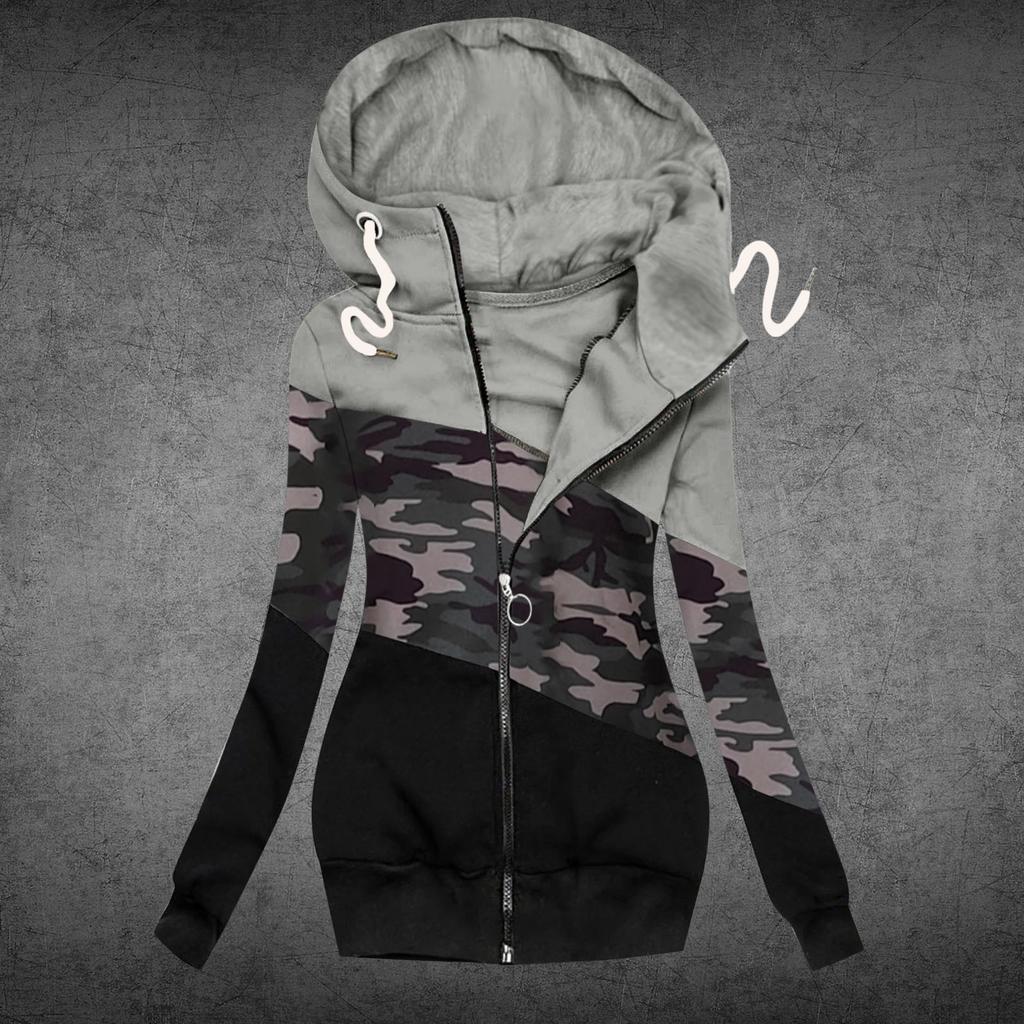 Women Winter Casual Camouflage Prints Jacket Zipper Sweatshirt Long Sleeve Coat
