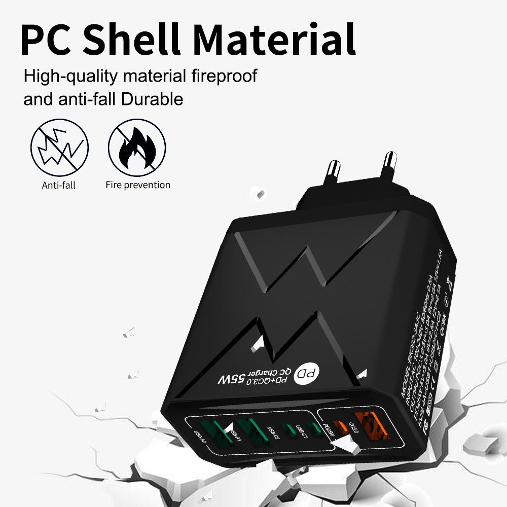 PD 25W 6-Port Fast Charger: 3 USB, 3 PD 55W with QC3.0 – EU, UK, AU Plugs