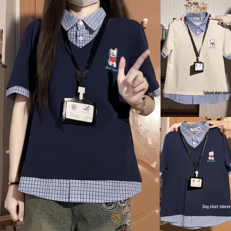 

Women s Summer Retro Puppy Print Plaid Polo Short Sleeve Cotton Top XL [120-135 lbs]