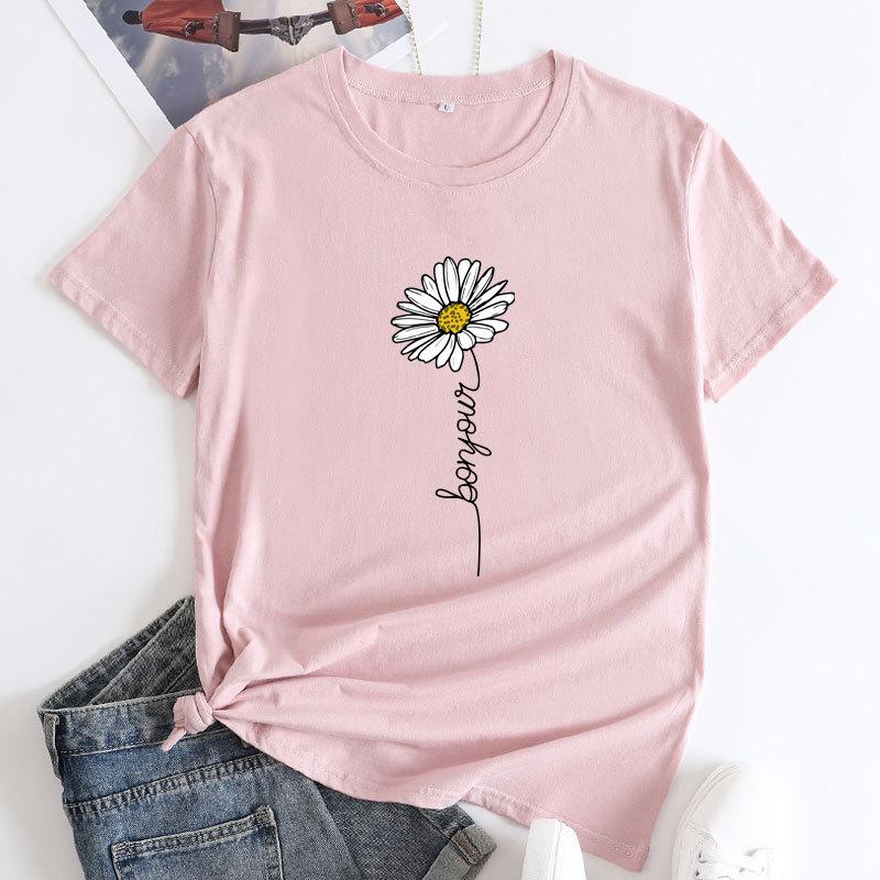 Summer Round Neck Daisy Pattern Printed Top Fashionable Casual Short Sleeved Women's Pure Cotton T-shirts
