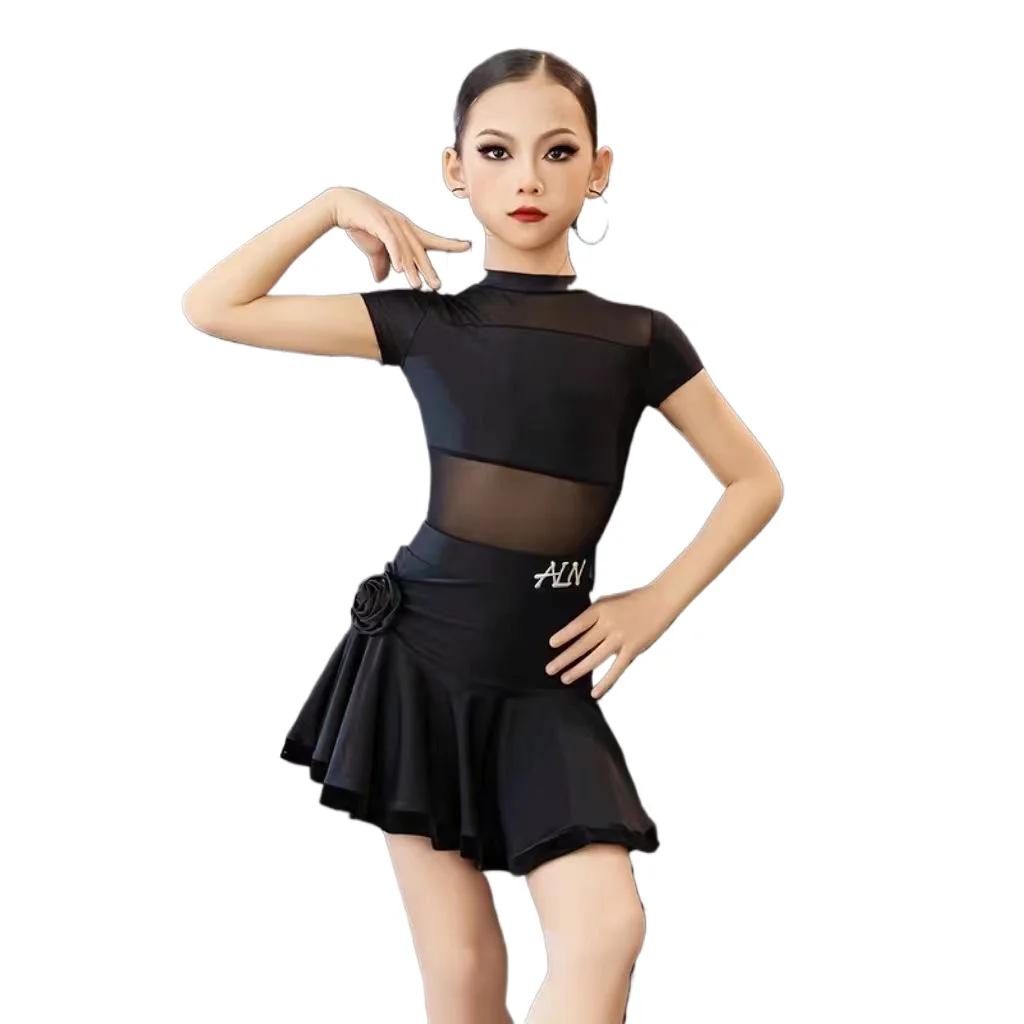 Children Latin Dance Dress for Girls Black Mesh Yarn Skirt Set Cha-cha Samba Rumba Training Performance Clothing
