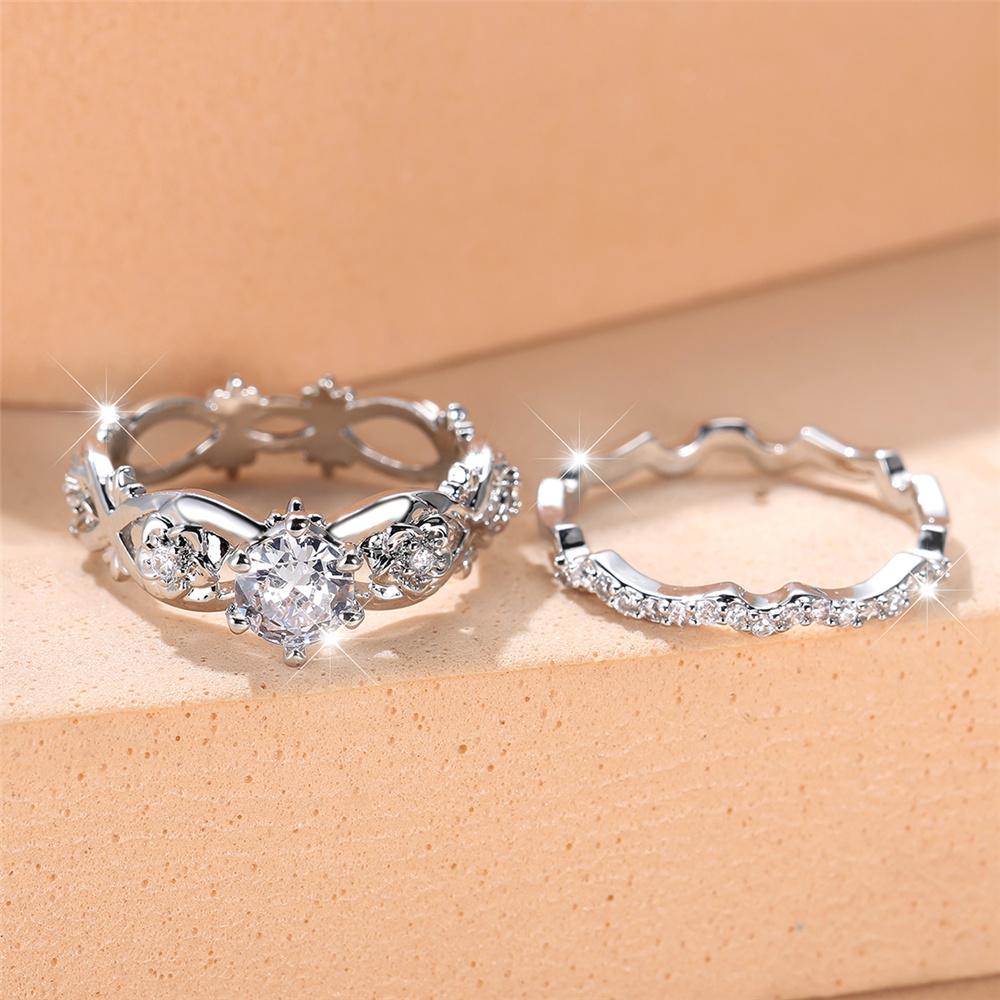 Crystal Female White Zircon Flower Ring Set Fashion Vintage Silver Color Bridal Wedding Engagement For Women