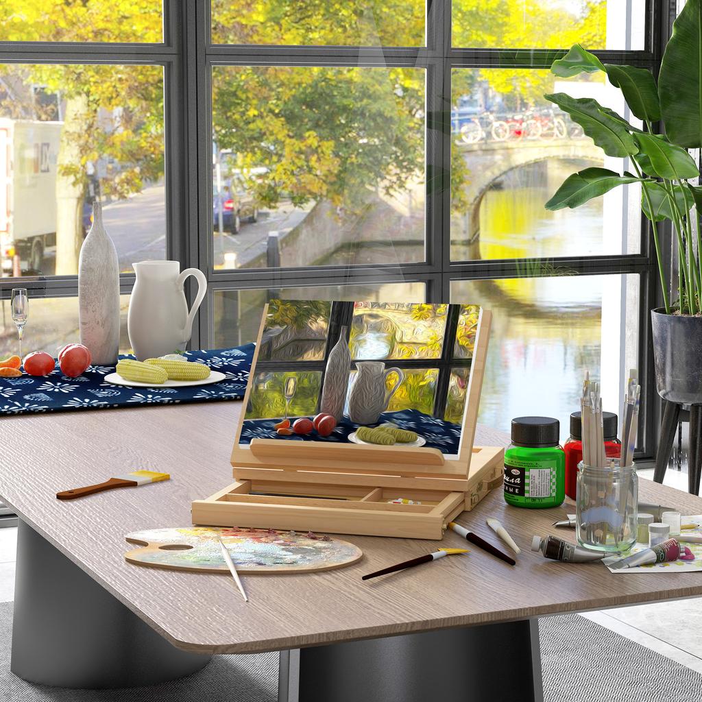 Wooden Table Easel Box with Storage Portable Folding Artist Easel, Natural