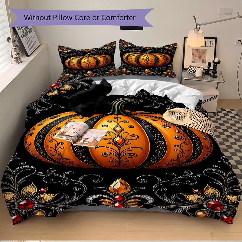 3pc Gothic Pumpkin Cover Set - 1 Quilt Cover + 2 Pillowcases, All Seasons Bedroom Setting, Perfect for Home042