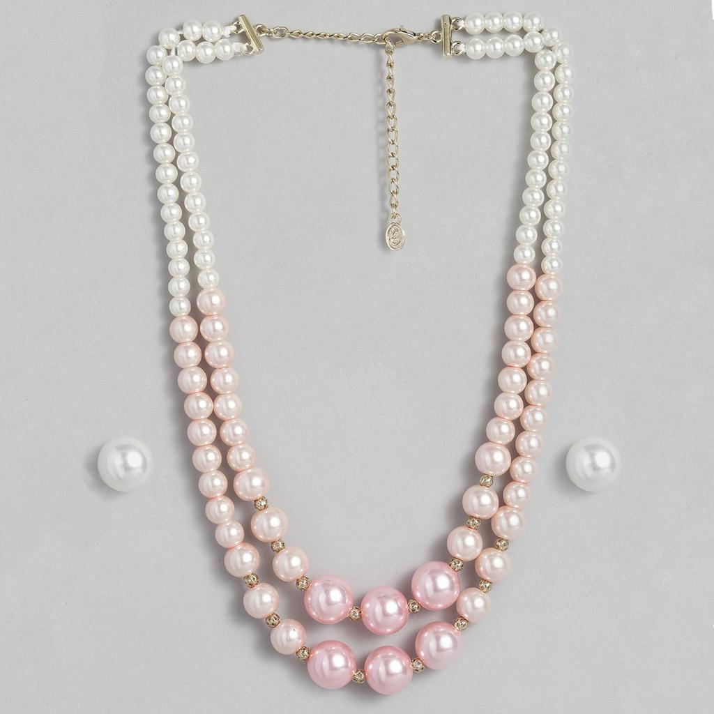 Estele Exquisite Gold Plated Double Line Pearl Necklace Set For Women