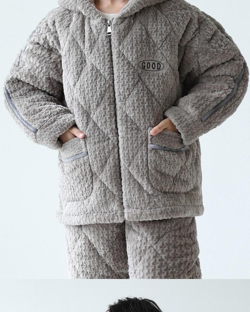 Boys' Winter Quilted Flannel Pajamas - Three-Layer, Medium & Large, Coral Fleece Warm Homewear