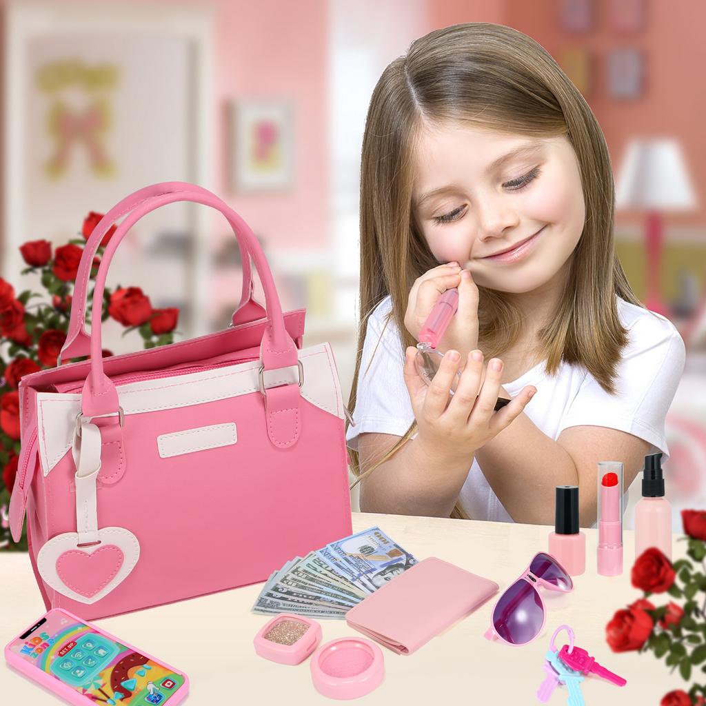 Girls Pretend Play Purse Toy Set | Kids Makeup, Wallet, Phone, Sunglasses & Accessories | Princess Role Play Handbag Gift