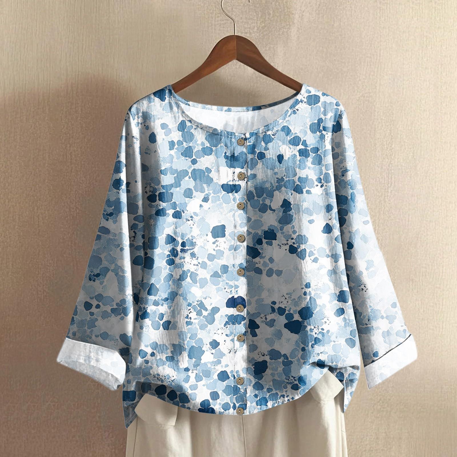 

Women s Casual Long Sleeve Round Neck Floral Print Cotton And Linen Top L