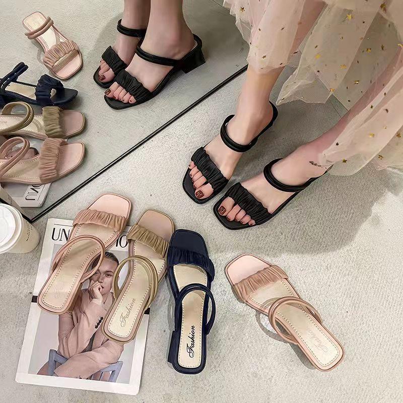 Damen Sandalen dicker Absatz Bonbonfarbe Sommer plissiertes Obermaterial eckige Zehenschuhe