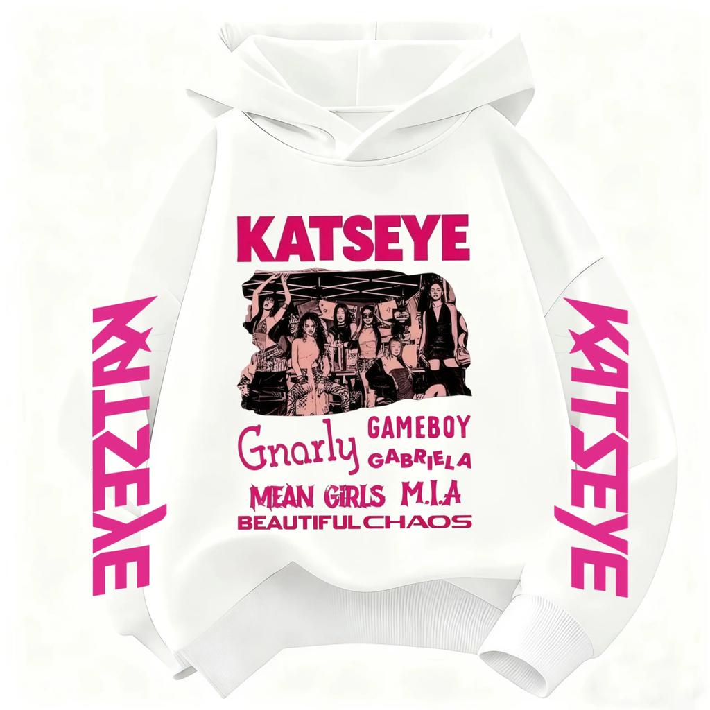2026 Graphic Print Kids Long Sleeve Sweatshirt NEW Girls Hoodie Katseye Kpop Group Pocket Loose Casual Children Light Blue Top