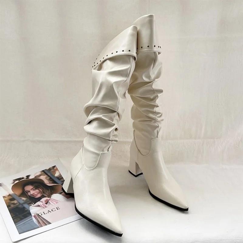 Knee High Women Boots Pointed Toe High Heels Sexy Shoes Winter Luxury Chunky Leather Shoes Chelsea Boots Elegant Pumps De Mujer