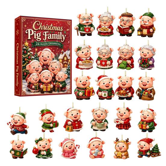 Holiday Party Supplies Piggy Family Advent Calendar, 2D Flat Acrylic 24 Days Hanging Decor Ornaments, Decorative Christmas Countdown Gift Box