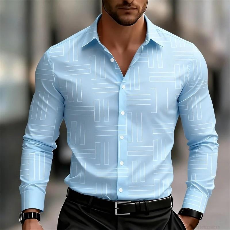 Men Geometric Line Print Long Sleeve Slim Fit Button Down Shirt