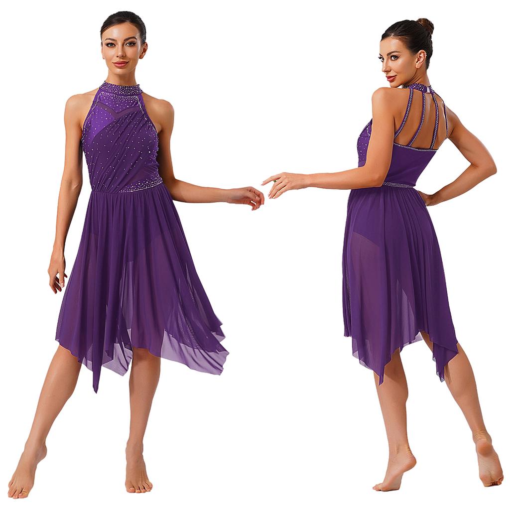 Premium Lyrical Dance Costume for Women S-XXL Halter Rhinestone Dress with Mesh Ruffled Skirt for Competition & Classes