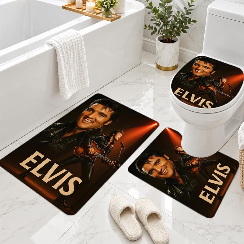 3Pcs Flannel Toilet Mat Set Elvis Presley Bathroom Rug Non Slip Bath Carpet Home Decor