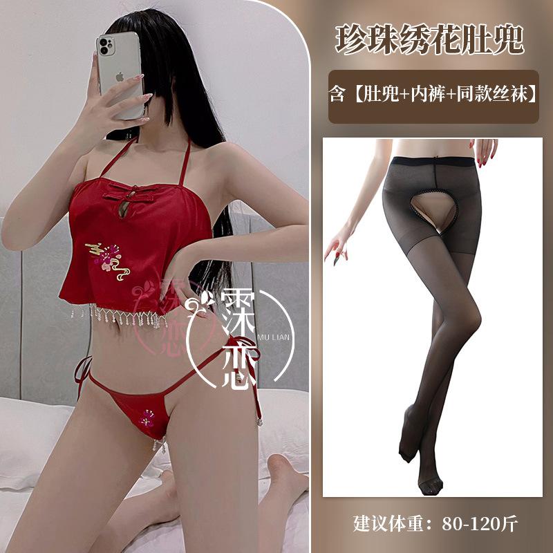 Sexy belly pocket pearl embroidered lace-up panties set classical hollow erotic underwear open-file uniform