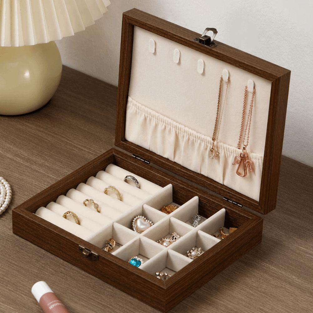 Walnut Wood Glass Lid Velvet Lined Velvet Interior Necklace Hanging Panel Bracelets Storage