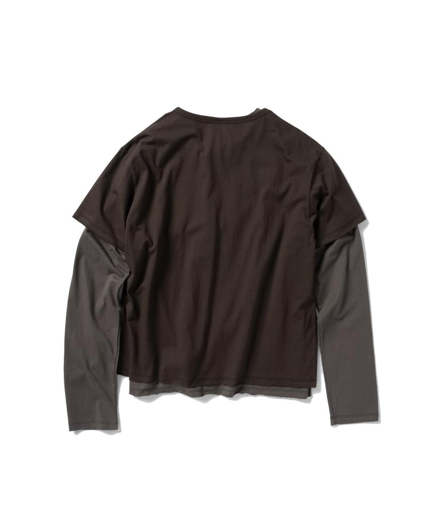 SUPERSUB [Set] Vintage Color Block Layered Long Sleeve T-Shirt Set - Brown/Dusty Gray