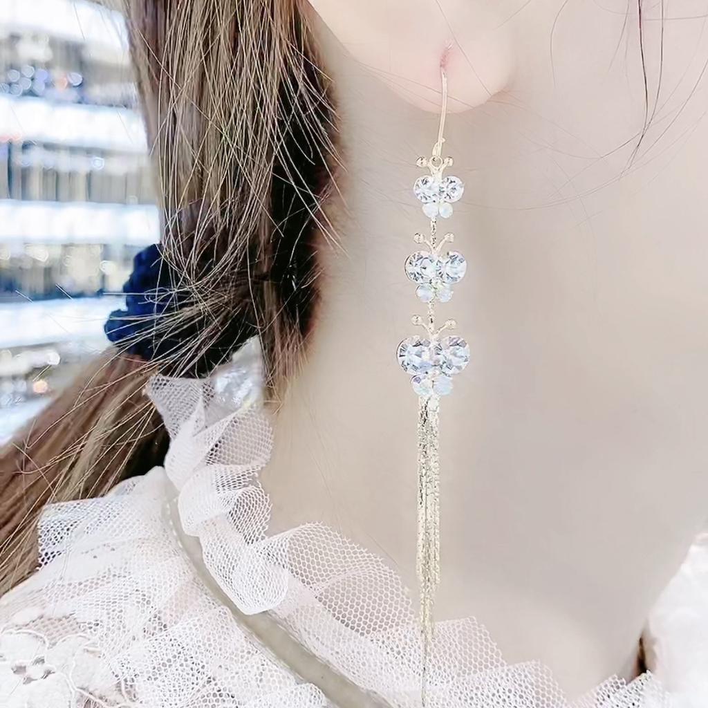 Korea Dongdaemun Butterfly Diamond Earrings Super Flash Long Tassel Xianqi Mori Internet Celebrity Explosion Earrings