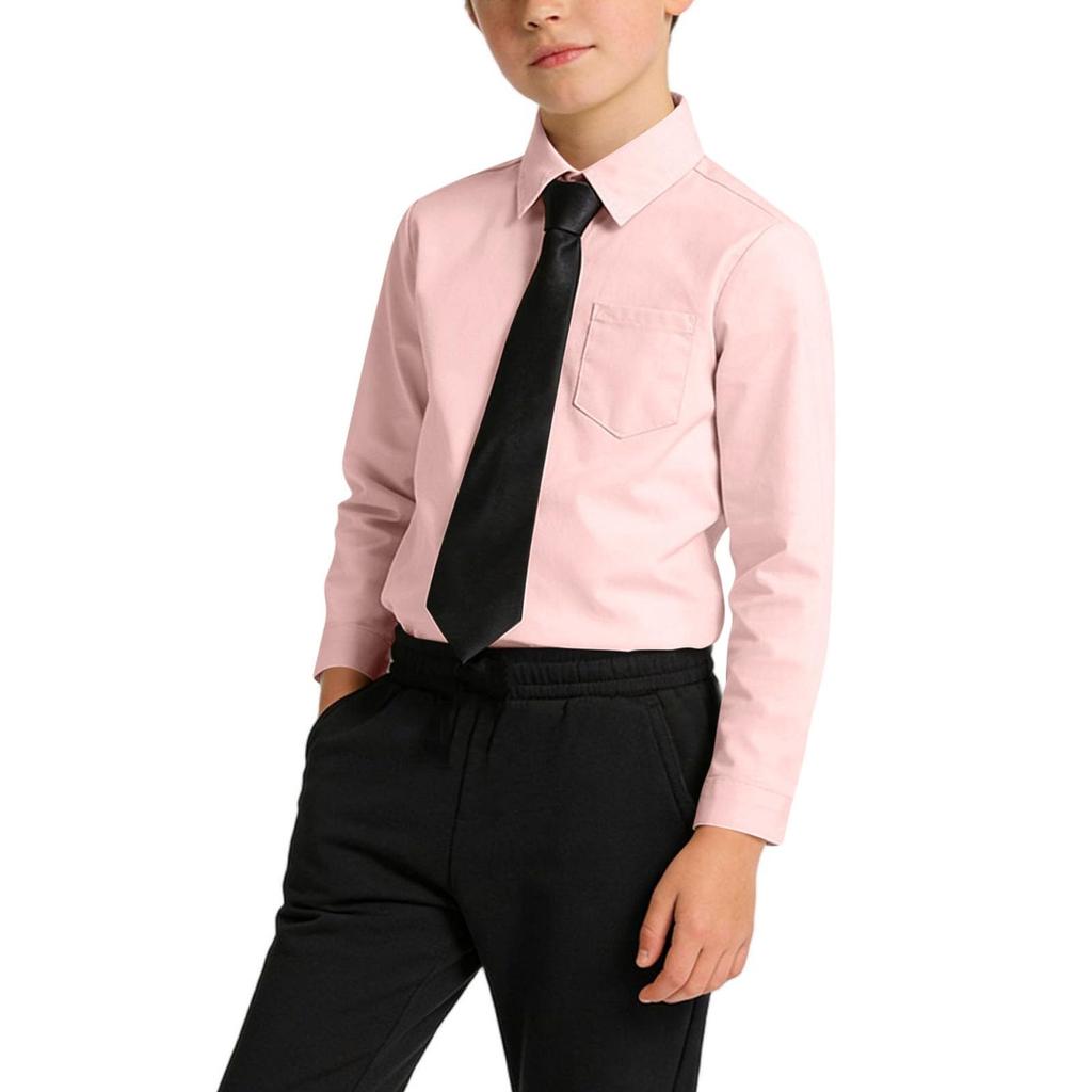 Boys Button Down With Tie And Chest Pocket School Uniform Long Sleeve Shirts