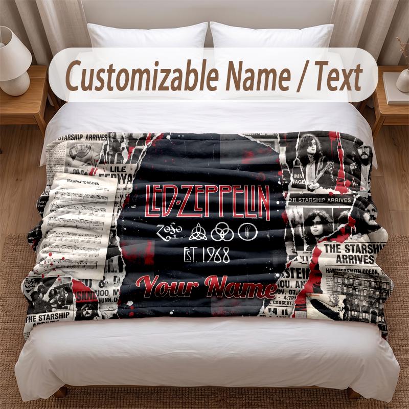 Led Zeppelin Printed Flannel Blanket Custom Name Text Soft Warm Throw For Bedroom Holiday Gift