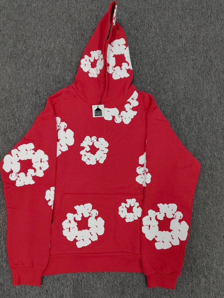 Schwerer Baumwoll-Denim-Hoodie mit Blumenmuster - Trendige amerikanische Streetwear-Jacke für Herren