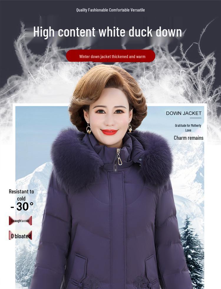 Dámská extra silná odepínací péřová bunda - Teplé zimní svrchní oblečení pro mámy středního věku, Dostupné ve větších velikostech, Peří z bílé kachny.