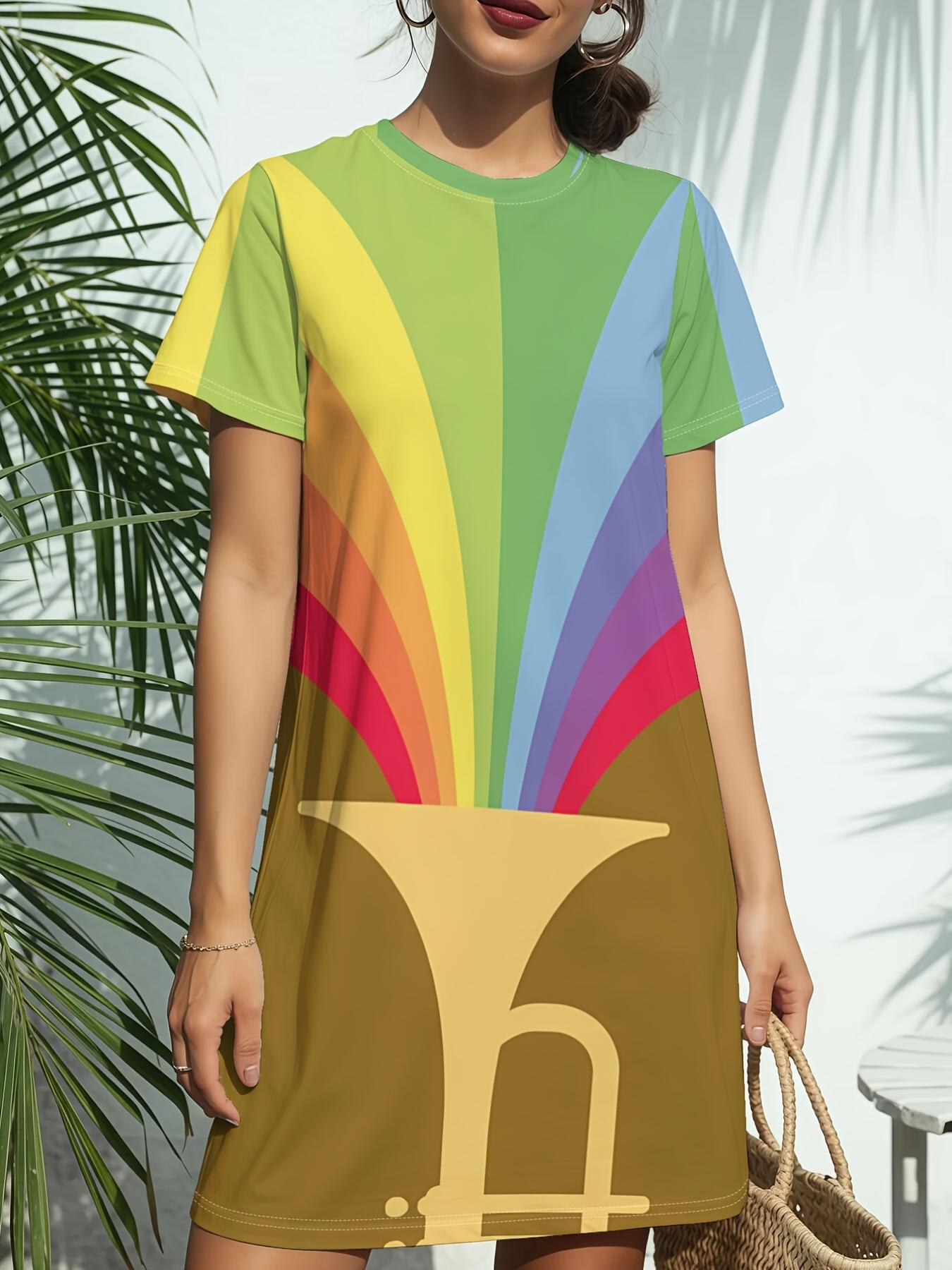 

Rainbow Trumpet Print New Women S Round Neck Short Sleeve T-Shirt Dress. American Style Trendy Digital Printing. Casual And Versatile for Spring And S 8XL дубильная кора
