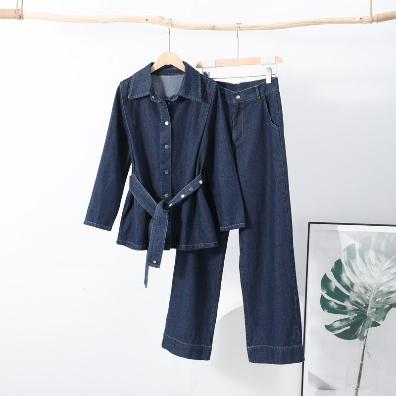 

Комплект джинсовых брюк для женщин с лацканами на пуговицах, рубашка с высокой талией, широкие брюки, комплекты, женский винтажный однобортный топ, женский костюм L темно-синий