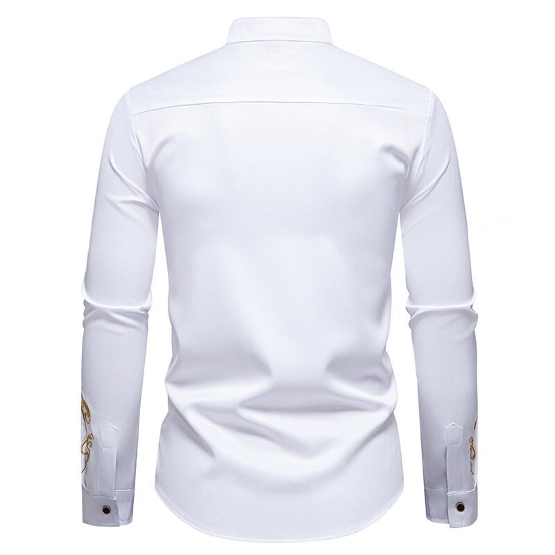 Camisa de Manga Larga Bordada para Hombre de Primavera Casual Sólida con Cuello Mao Camisas Masculinas Estilo Corte Europeo Fiesta Discoteca
