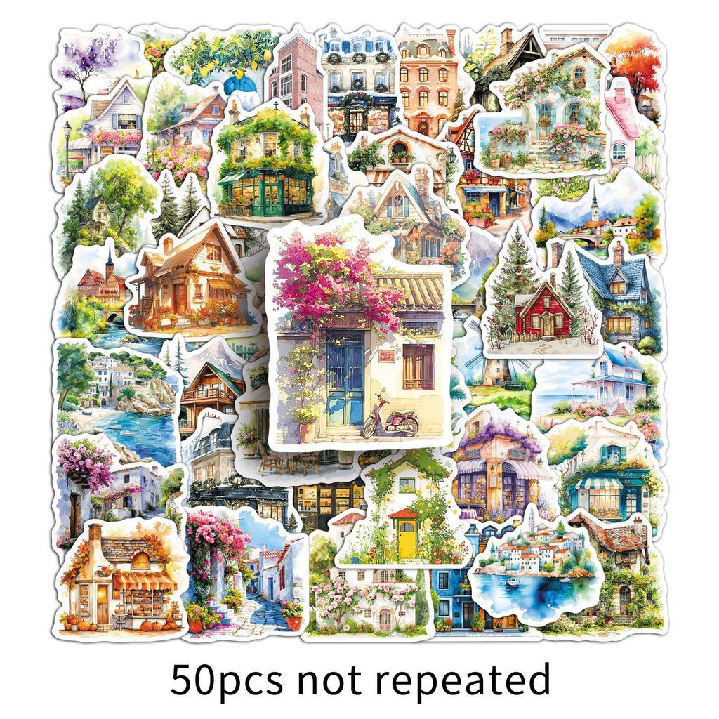 50 Stück Künstlerische Kleinstadt-Landschaftsaufkleber - INS-Stil Haus- & Gebäude-Designs, Wasserdichte DIY-Journalkarten