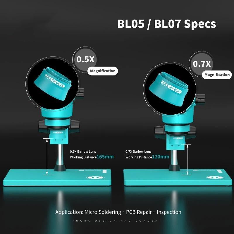 LED Barlow Lens 0.5X/0.7X Magnification Long Working Distance RF-BL05/BL07 for Microscope PCB Industrial Repair