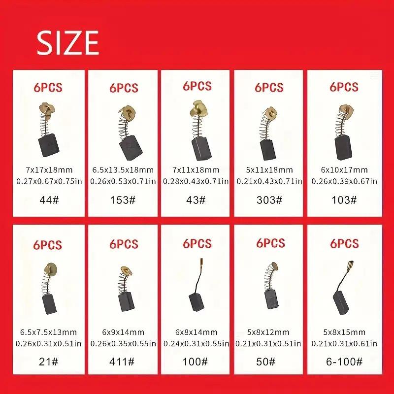 60-częściowy zestaw szczotek węglowych do silnika elektrycznego: 10 rozmiarów do naprawy elektronarzędzi