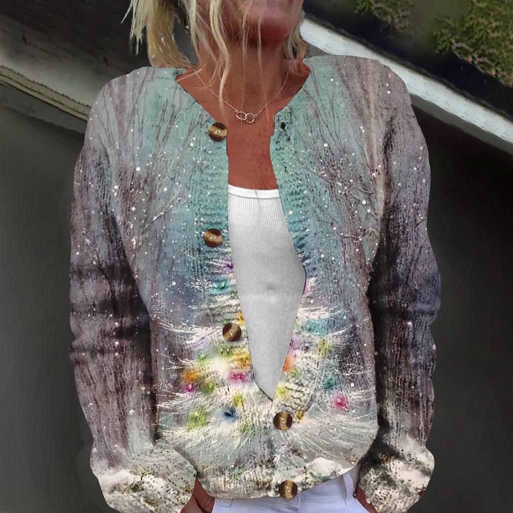 Women's Fashion Christmas Printed Long Sleeve Knitted Cardigan Button Down Jacket