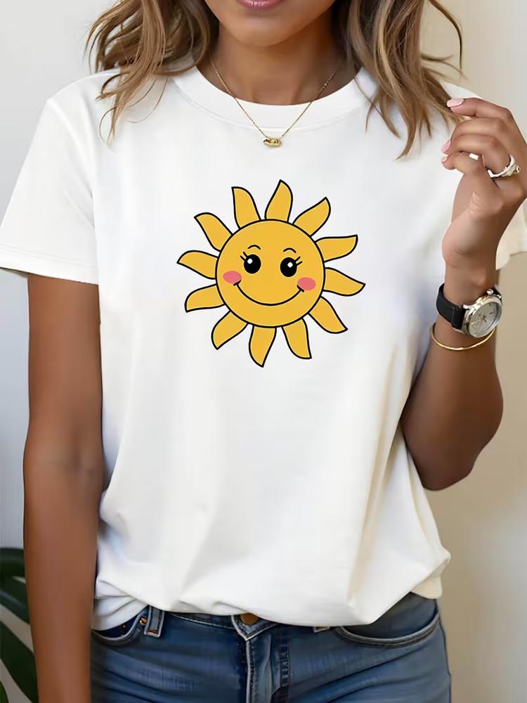 Unisexs Smiling Sun Graphic Print TShirt Casual Crew Neck Summer Stretch Top