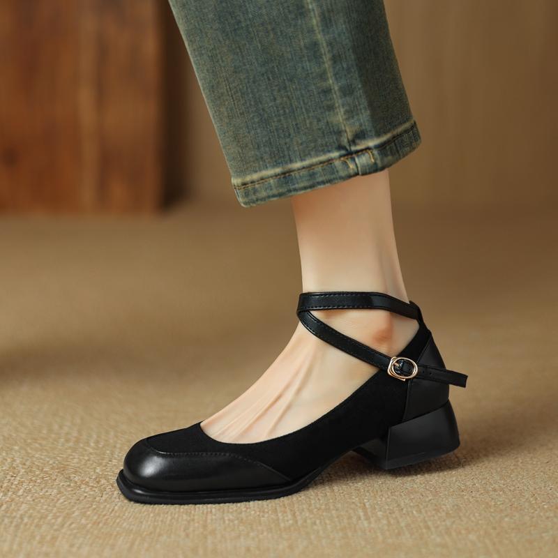 Fashion Women's New Spring and Autumn Square Head Splicing Elastic Metal Belt Buckle Middle Heel Large Retro Work Single Shoes